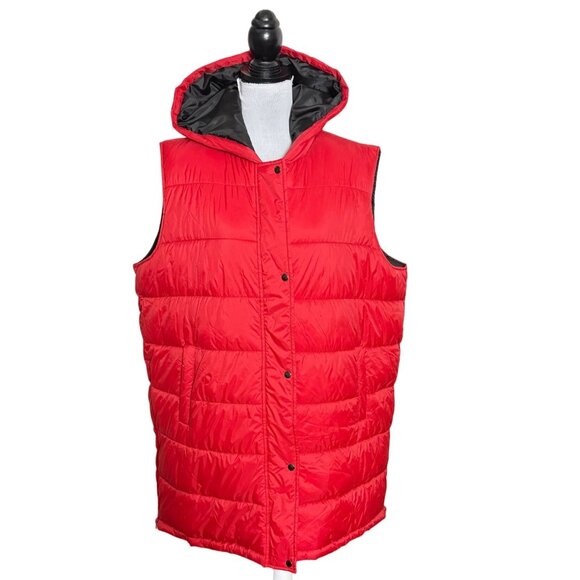 Swiss Tech Red Long Puffer Vest Womens Size 1X Hooded Sleeveless Outerwear - Picture 1 of 14